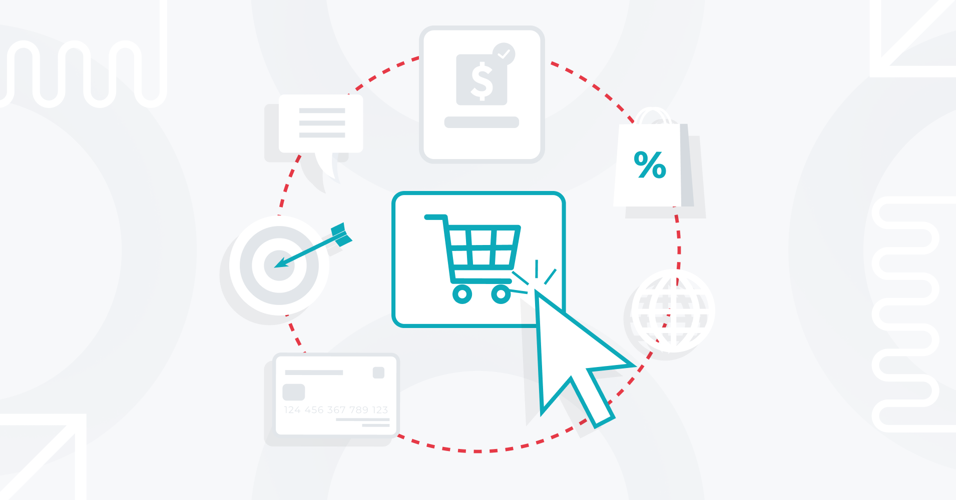 Illustration showing the e-commerce process with a shopping cart icon, payment options, discount, and target symbol representing online purchasing.