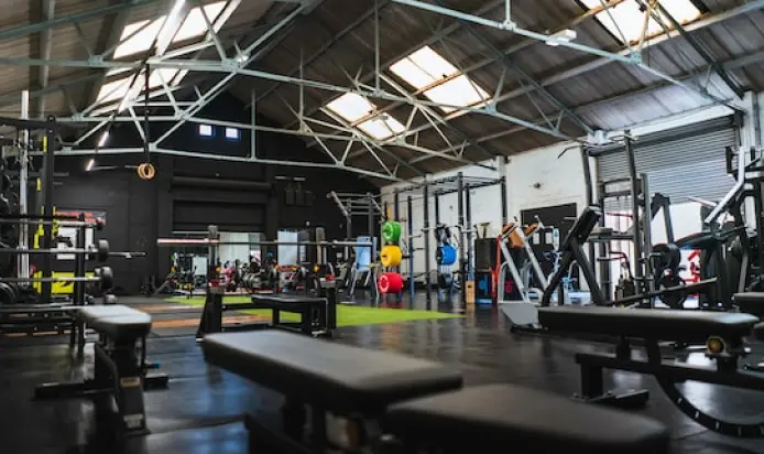 Fitness center with benches and exercise machines